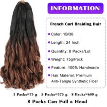 12/16/24Inch French Curly Braiding Hair Pre Stretched Bouncy Braiding Hair Easy Braid Curl Braids, Lightweight Synthetic Wavy Hair Extens - Multicolor - View 2