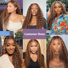 HJ WEAVE BEAUTY Perruque en dentelle bouclée profonde brune à reflets sans colle 7x5, cheveux humains P4/27, pré-épilée, avec fermeture en dentelle HD et cheveux de bébé, à porter et à emporter, sans colle, pour femmes, adaptée aux débutantes, véritables cheveux brésiliens Remy, densité de 180 %, boucles d'aspect naturel