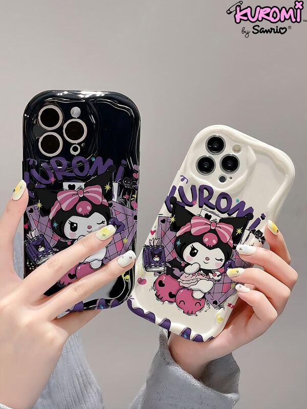 Sanrio Linda capa estilo Kuromi para iPhone compatível com iPhone 11/12/13/14/15/16 Pro/Pro Max/Plus, capa macia brilhante com detalhes em roxo gótico, design adorável de desenho animado e laço para meninas e adolescentes