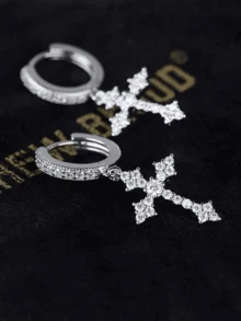 1pc Titanium Steel Earring, Men's Hip Hop Punk Earring, Diamond Inlaid Cross Earring, Couple Earrings, Suitable For Daily Wear, Parties, Gifts, Christmas And Other Occasions - Cross Earrings - View 14