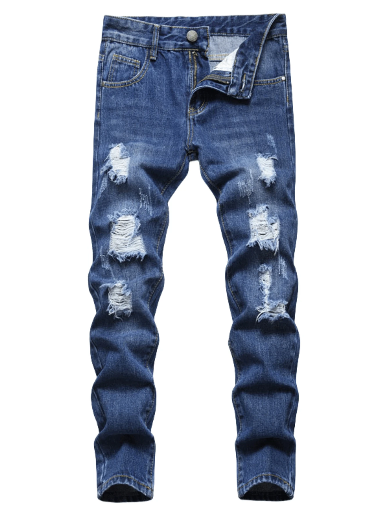 Boys Distressed Ripped Jeans,Retro Blue Fashion Casual Jeans For Boys, Slim Fit Straight Leg Comfort Waist Kids Jeans - 藍色 - 查看 1