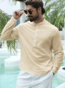 Camisa casual de unicolor para hombres, ligera y transpirable para el verano, adecuada para vacaciones en la isla y viajes diarios