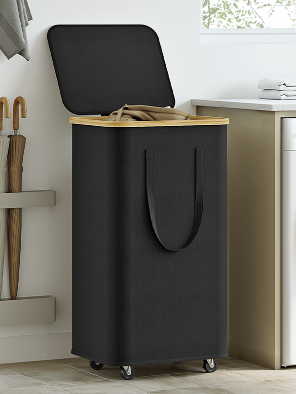 1pc 60L/75L/100L/110L Wheeled Bamboo Laundry Basket With Cover - Includes Wash Bag Liner, Foldable Dirty Clothes Basket, Extra Large Capacity Laundry Hamper, Collapsible Fabric Laundry Basket, Home Use Washing Basket