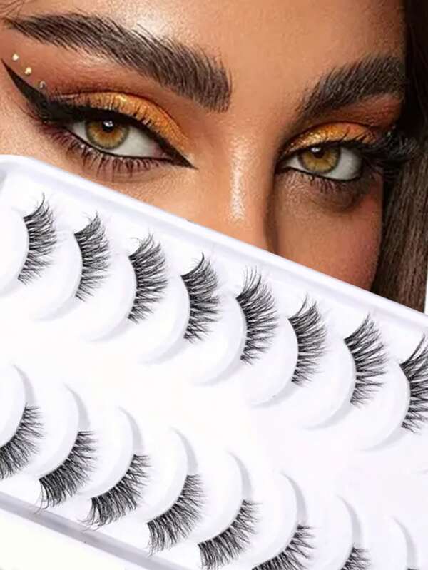 10 Pairs Transparent Stem Elongated Curled False Eyelashes, 5-11mm Length, Suitable For Daily, Dates, Holidays, Parties, Weddings, Goddess Makeup