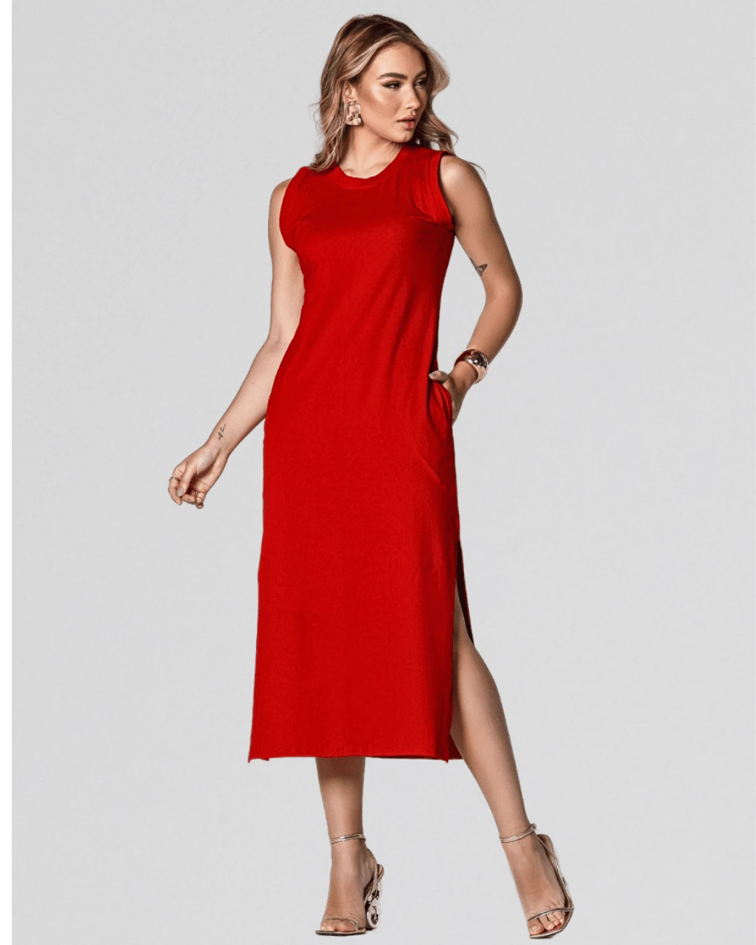 Sleeveless Casual Basic Cotton Knit Midi Dress - 紅色 - 查看 1