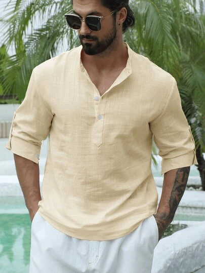 Camisa casual de unicolor para hombres, ligera y transpirable para el verano, adecuada para vacaciones en la isla y viajes diarios, para el otoño, top de manga larga