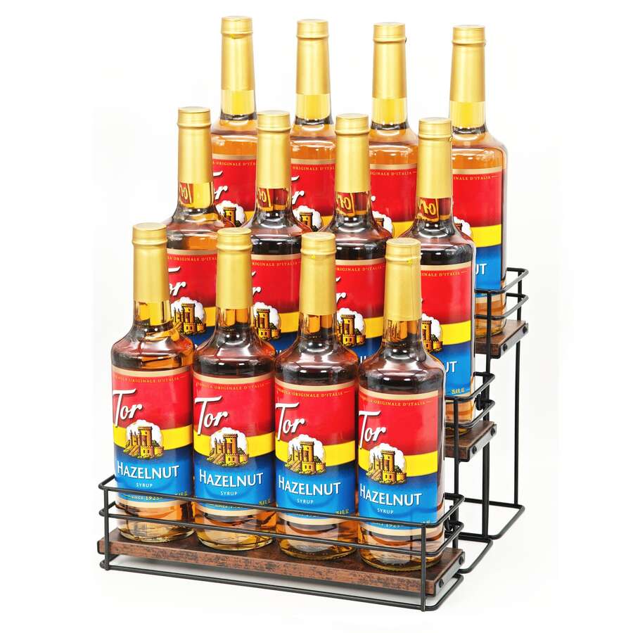 12 Bottle Coffee Syrup Organizer Rack, 3 Tier Coffee Syrup Bottle Stand Holder For Coffee Bar, Installation-Free, Liquor Bottle Display Shelf, Coffee Syrup Shelf For Liquor Whiskey Wine DisplayHome Decor, Party Storage, Christmas Storage, New Year Storage - Brown - View 1