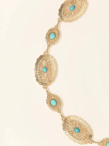 Turquoise Gold Engraved Body Chain, Elegant Geometric Floral Embossed Waist Chain Decoration For Women, Middle Eastern New Stylesummer