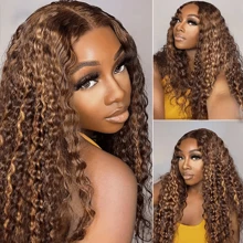 HJ WEAVE BEAUTY Perruque en dentelle bouclée profonde brune à reflets sans colle 7x5, cheveux humains P4/27, pré-épilée, avec fermeture en dentelle HD et cheveux de bébé, à porter et à emporter, sans colle, pour femmes, adaptée aux débutantes, véritables cheveux brésiliens Remy, densité de 180 %, boucles d'aspect naturel