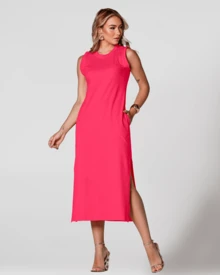 Sleeveless Casual Basic Cotton Knit Midi Dress - Màu Hồng Tươi - Xem 1