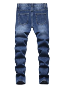 Boys Distressed Ripped Jeans,Retro Blue Fashion Casual Jeans For Boys, Slim Fit Straight Leg Comfort Waist Kids Jeans - 藍色 - 查看 2
