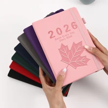 Agenda A5 2026 - Cierre con banda elástica de estilo vintage, diseño con hoja de arce en relieve, diseños semanales y mensuales, múltiples colores para uso en el hogar, la escuela, la oficina, regalos festivos, artículos escolares, suministros escolares de diseño retro, vuelta al colegio