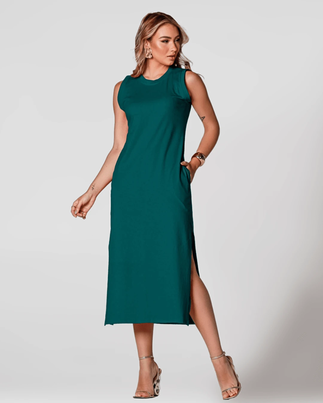 Sleeveless Casual Basic Cotton Knit Midi Dress - 綠色 - 查看 1