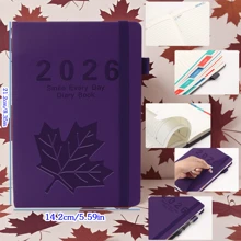 Agenda A5 2026 - Cierre con banda elástica de estilo vintage, diseño con hoja de arce en relieve, diseños semanales y mensuales, múltiples colores para uso en el hogar, la escuela, la oficina, regalos festivos, artículos escolares, suministros escolares de diseño retro, vuelta al colegio