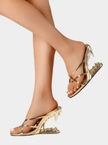 Sexy Fashion Women's Heeled Sandals Open Toe Solid Color Strappy Shark Teeth Shaped High Heel Slip On Party Nightclub Dinner Dressy Occasions Pumps - 金色 - 查看 6