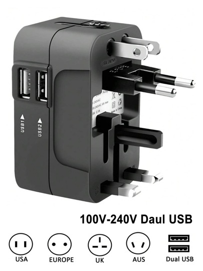 Universal Travel Adapter, Dual USB Ports, 110V-240V Input, EU/US/UK/AU Plugs, Surge Protection, Suitable For Over 150 Countries, Essential For Business Trip And Travel