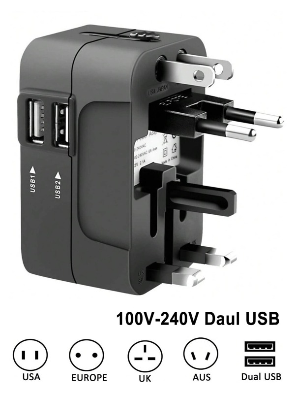 Universal Travel Adapter, Dual USB Ports, 110V-240V Input, EU/US/UK/AU Plugs, Surge Protection, Suitable For Over 150 Countries, Essential For Business Trip And Travel