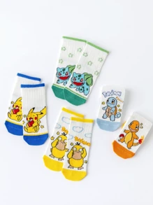 pokemon 1/5 Pairs Pokemon Cartoon Cute White Straight Tube Thin Ankle Socks, Versatile For Summer