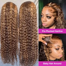HJ WEAVE BEAUTY Perruque en dentelle bouclée profonde brune à reflets sans colle 7x5, cheveux humains P4/27, pré-épilée, avec fermeture en dentelle HD et cheveux de bébé, à porter et à emporter, sans colle, pour femmes, adaptée aux débutantes, véritables cheveux brésiliens Remy, densité de 180 %, boucles d'aspect naturel