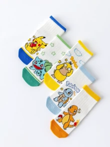 pokemon 1/5 Pairs Pokemon Cartoon Cute White Straight Tube Thin Ankle Socks, Versatile For Summer