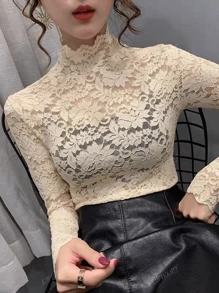 Camiseta de renda sexy com gola alta e manga comprida, roupa feminina estilosa e moderna 2024