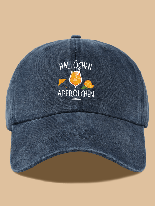 1 Stück verstellbare Baseballkappe für Frauen - Design "Hallochen Aperolchen", atmungsaktiv in Kastanienbraun, Sommerhut mit Aperol Spritz Cocktail Muster, leichter Sonnenhut für Strand, Party, Vatertags Geschenk, witziger Muster, verwischte Textur