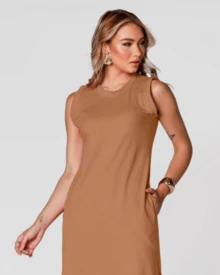 Sleeveless Casual Basic Cotton Knit Midi Dress - Rust Brown - View 2