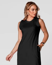 Sleeveless Casual Basic Cotton Knit Midi Dress - 黑色 - 查看 2