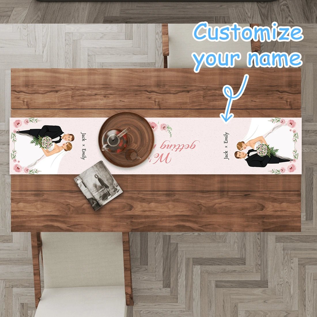 1 pièce Chemin de table de mariage rose personnalisé, déco de table imprimée respirante en lin monoface, convient pour buffet, fête, vacances, dîner, pique-nique, camping, décoration de table, taille 183*33cm