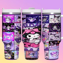 Sanrio 1 pièce Tasse de voyage en acier inoxydable de 40 oz Sanrio Kuromi avec couvercle et paille - étanche, s'adapte au porte-gobelet de la voiture, garde les boissons chaudes ou froides, boissons fraîches en été, design de dessin animé mignon avec étoiles et personnages - cadeau parfait pour l'anniversaire et la Saint-Valentin
