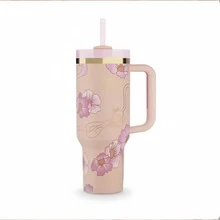 Compatible With Stanley 40 Oz H2.0 Tumbler With Handle, Double Walled Vacuum Insulated Stainless Steel Water Bottle Premium Summer Drinkware Portable Handy Flask Travel Mug Iced Coffee Cup For Outdoor Camping, Hiking, Driving, Travel, Perfect Gift Idea - 粉紅色花 - 查看 8