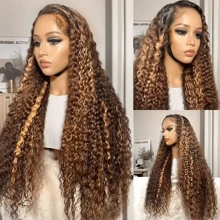 HJ WEAVE BEAUTY Perruque en dentelle bouclée profonde brune à reflets sans colle 7x5, cheveux humains P4/27, pré-épilée, avec fermeture en dentelle HD et cheveux de bébé, à porter et à emporter, sans colle, pour femmes, adaptée aux débutantes, véritables cheveux brésiliens Remy, densité de 180 %, boucles d'aspect naturel