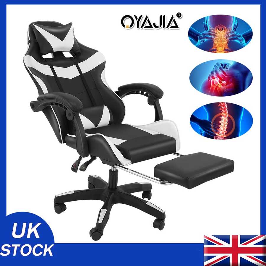 OYAJIA Ergonomic Gaming & Office Chair With Footrest, Height Adjustable, 360° Swivel, High Back PU Leather, Adjustable Headrest & Lumbar Support With Massage Pillow, Linkage Armrests - Black White - 黑與白 - 查看 1
