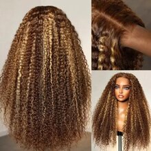 HJ WEAVE BEAUTY Perruque en dentelle bouclée profonde brune à reflets sans colle 7x5, cheveux humains P4/27, pré-épilée, avec fermeture en dentelle HD et cheveux de bébé, à porter et à emporter, sans colle, pour femmes, adaptée aux débutantes, véritables cheveux brésiliens Remy, densité de 180 %, boucles d'aspect naturel