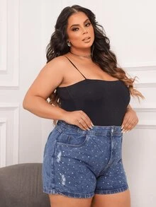 Women's Plus Size Jean Shorts With Rhinestone Appliques, High Waist, 100% Cotton - Blue - View 4