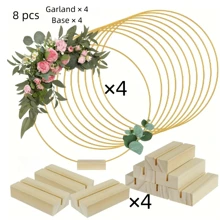 8pcs Golden Metal Floral Wreath Centerpieces Set, Include 4/5pcs Wooden Stands And 4/5pcs Golden Metal Floral Hoop Centerpieces - Perfect For Wedding Decor, Home Decor, Room Decor, Birthday Decorations And Party Supplies