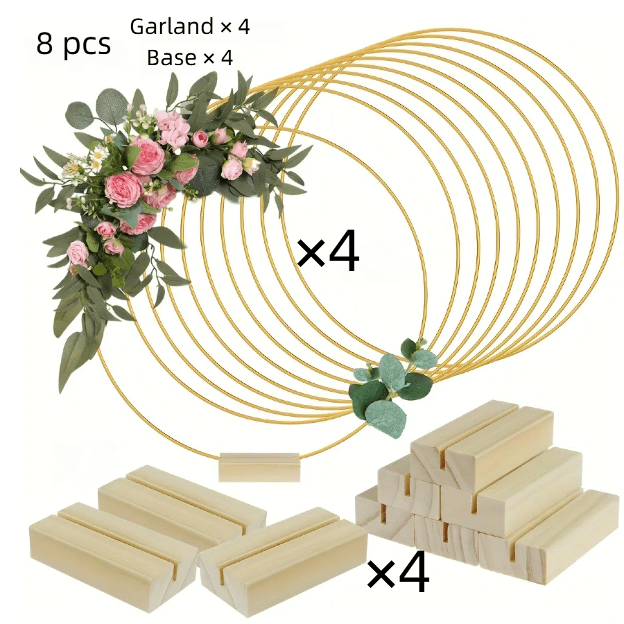 8pcs Golden Metal Floral Wreath Centerpieces Set, Include 4/5pcs Wooden Stands And 4/5pcs Golden Metal Floral Hoop Centerpieces - Perfect For Wedding Decor, Home Decor, Room Decor, Birthday Decorations And Party Supplies