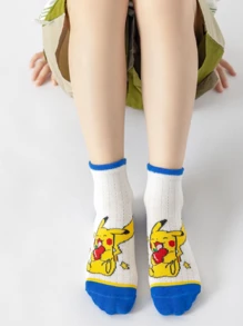 pokemon 1/5 Pairs Pokemon Cartoon Cute White Straight Tube Thin Ankle Socks, Versatile For Summer