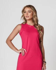 Sleeveless Casual Basic Cotton Knit Midi Dress - Màu Hồng Tươi - Xem 3