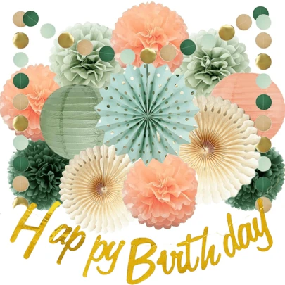 Sage Green And Peach Birthday Decorations - Olive Tissue Paper Pom Poms, Paper Lanterns, Gold Happy Birthday Banner For Sage Green Peach Shower Women Birthday Party Decoration