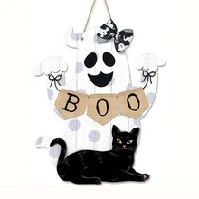 Halloween BOO Decorations Ghost Hanging Sign Front Door Hanger Wreath Decor Indoor Outdoor Yard Wall Decorations Cute Ghost Black Cat Wooden Door Sign For Halloween Party Supplies Room Decor Bedroom Decor Home Decor Halloween Decor Fall Decor - Multicolor - View 2