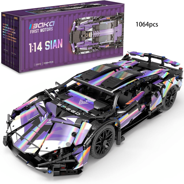 EduCiro 1064pcs Racing Sports Car Building Block Construction Set, Purple Sports Car Building Blocks DIY Kit, Suitable For Men & Teens, Alloy Material With Openable Doors, Birthday Gift