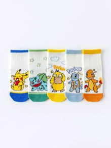 pokemon 1/5 Pairs Pokemon Cartoon Cute White Straight Tube Thin Ankle Socks, Versatile For Summer