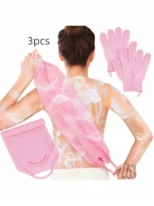 去角质手套套装，丝瓜络手套，搓澡刷，厚实强力背部搓澡器，背部去角质剂，适用于圣诞节、新年、母亲节、毕业礼物，干刷，硅胶丝瓜络，去角质剂，硅胶身体刷，沐浴毛巾，卫生用品，沐浴刷，粉色