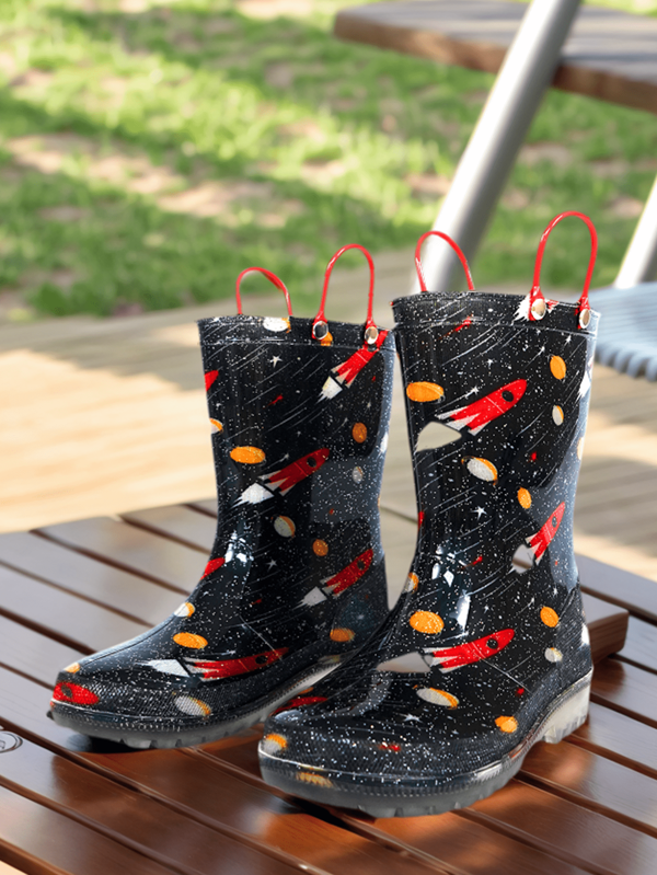 Kinder Raketendesign wasserdichte rutschfeste glänzende PVC Regenstiefel mit Doppelöse zum leichten Tragen, verschleißfest, bequem, weich, leicht und für alle Jahreszeiten geeignet.