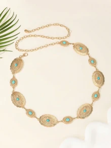 Turquoise Gold Engraved Body Chain, Elegant Geometric Floral Embossed Waist Chain Decoration For Women, Middle Eastern New Stylesummer