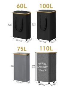 1 件 60L/75L/100L/110L 带盖带轮竹洗衣篮 - 包括洗衣袋内衬、可折叠脏衣篮、超大容量洗衣篮、可折叠布艺洗衣篮、家用洗衣篮 - 彩色 - 查看 4
