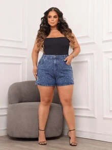 Women's Plus Size Jean Shorts With Rhinestone Appliques, High Waist, 100% Cotton - Blue - View 6