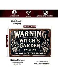 1 Stück Vintage Hexengarten Warnschild - Blumen nicht pflücken Dekor, retro Blechkunst für die Wand, geeignet für Zuhause, Garage, Café, Bar, Club, Geschäft, Restaurant, Bauernhof, Garten - Britischer Stil, Mehrzweck, Eisen Material, Wandhängend, 20,07cm x 30,23cm - Tolles Geschenk