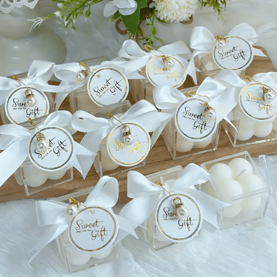 1/3/5 Stücke Set kleine Blasenkerzen, geeignet für Gäste, lose Sojakerzen, mit stilvollem Band in Acrylbox, geeignet als Hochzeitsgeschenk, Brautgeschenk, Babygeschenk, Geburtstags- oder Verlobungsgeschenk, Hochzeitsdekoration